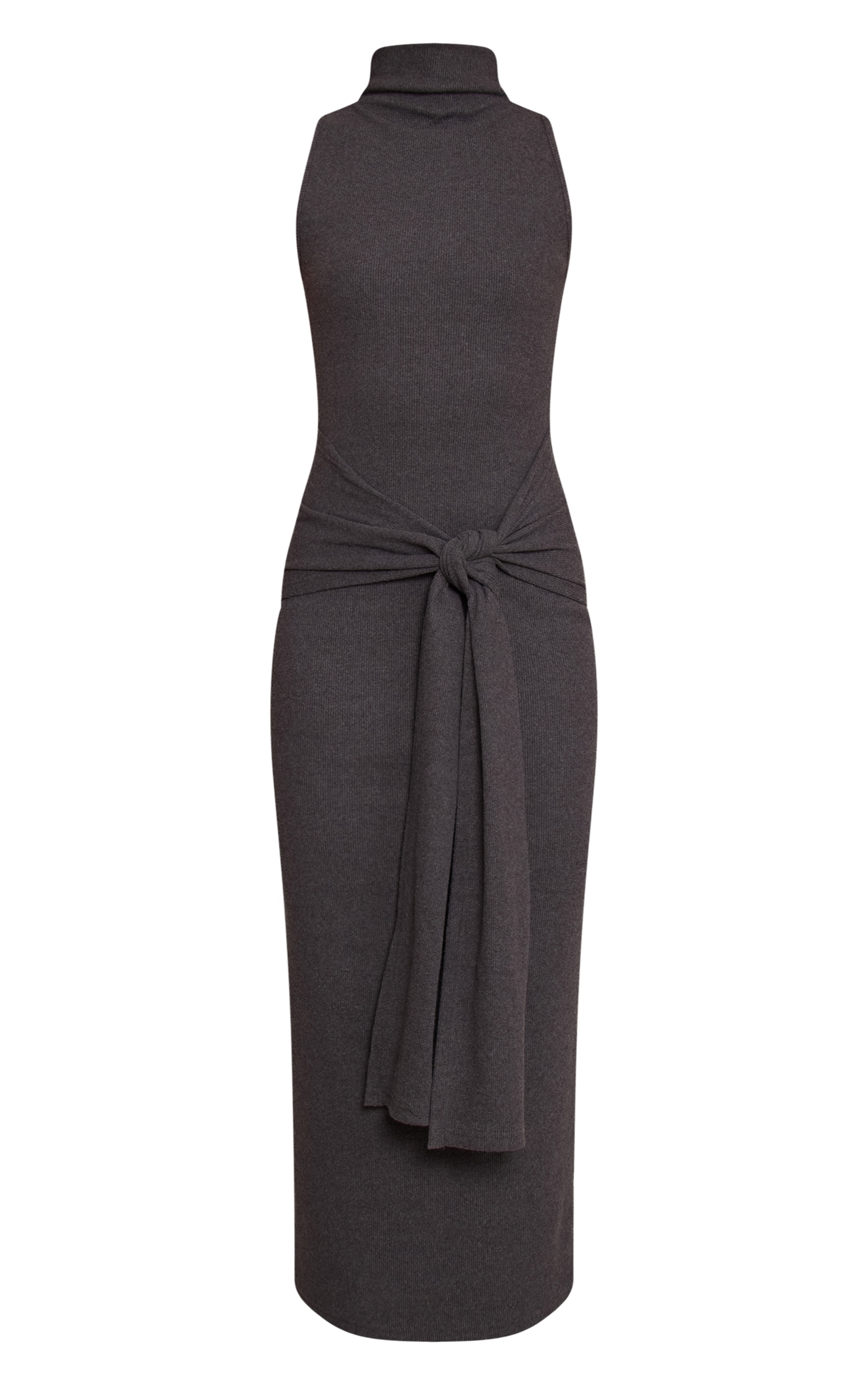 Robe longue brossée côtelée gris anthracite sans manches à partie nouée image 5