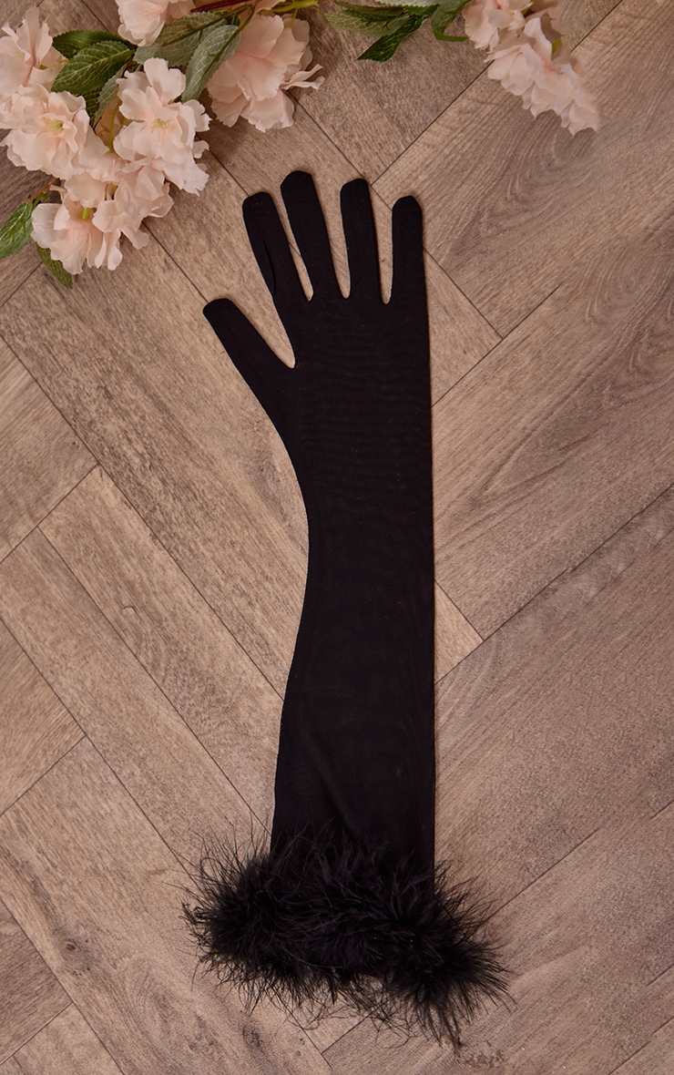 Black Feather Trim Gloves PrettyLittleThing AUS