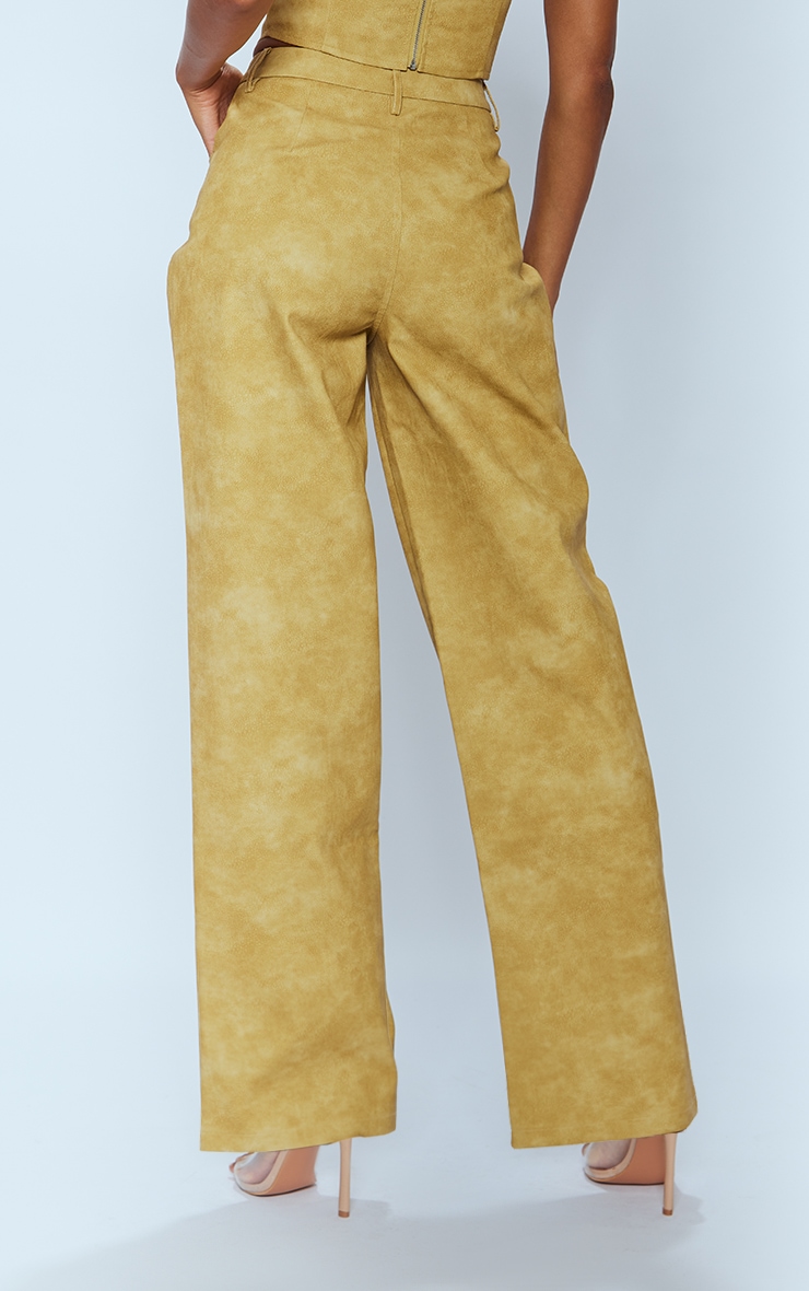Mustard Washed Faux Leather Dart Pocket Straight Leg Pants image 3