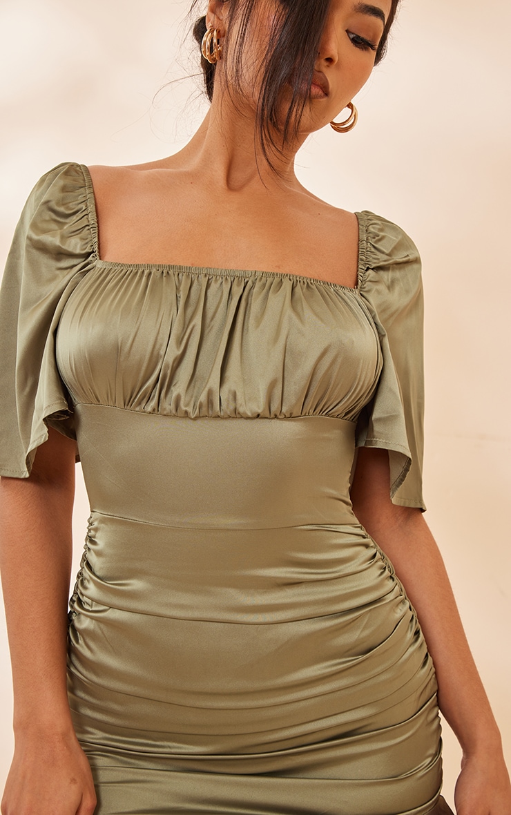 Olive Satin Ruched Side Frill Hem Bodycon Dress image 4