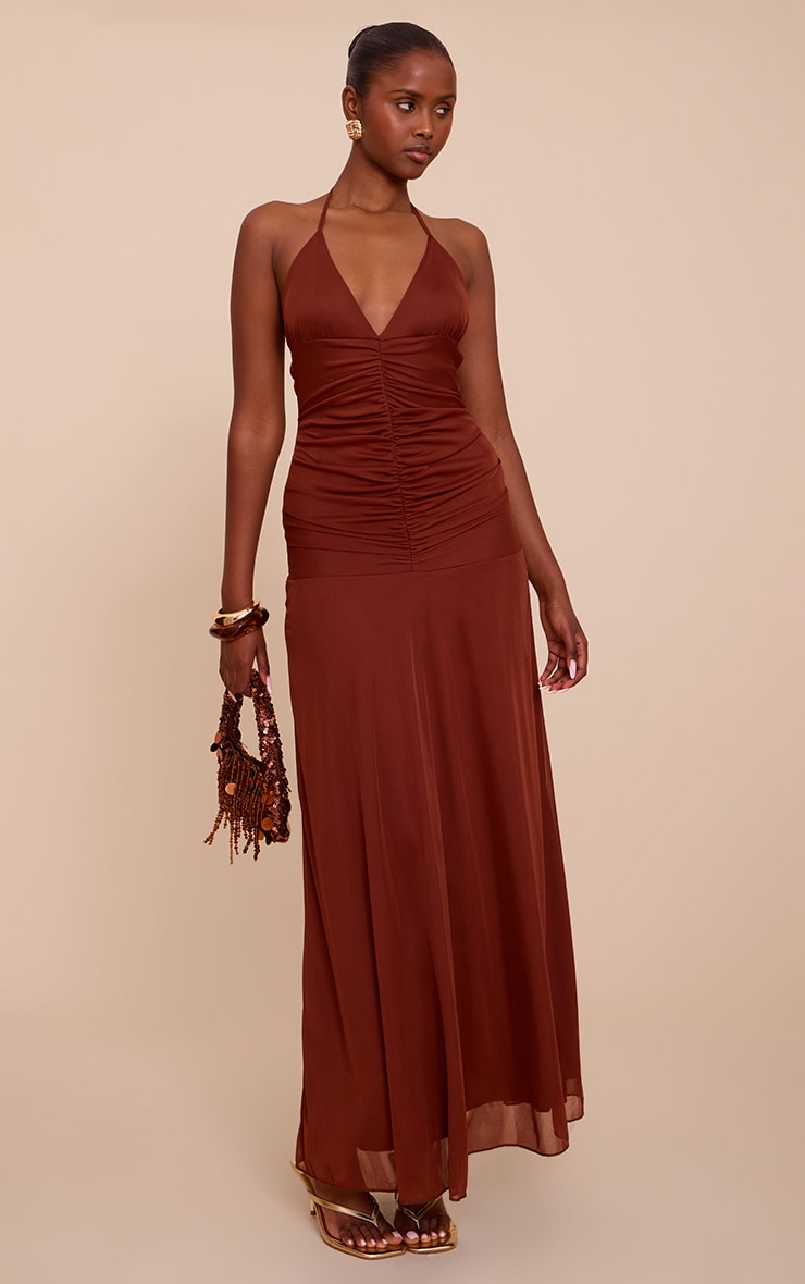 Chocolate Ruched Detail Strappy Maxi Dress image 1