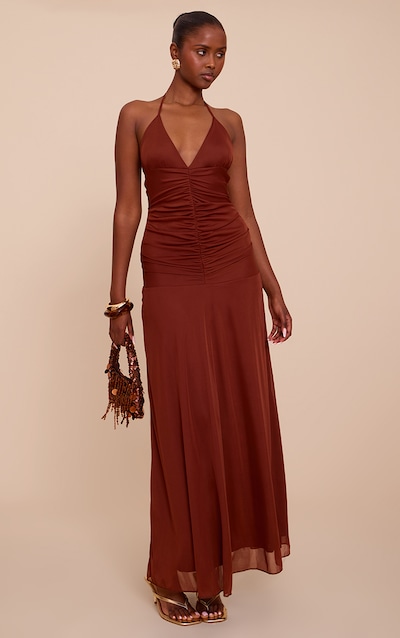 Robe longue chocolat froncée à bretelles fines