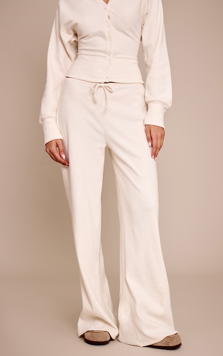 Ecru Soft Ribbed Low Rise Wide Leg Pants image 2