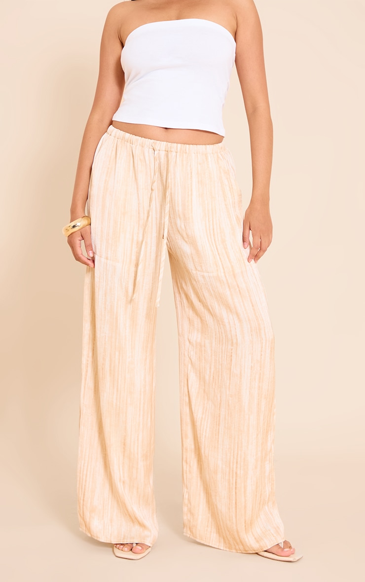 Cream Textured Woven Printed Satin Wide Leg Pants image 2