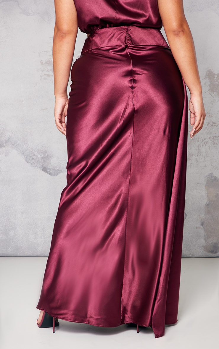 Plus Burgundy Satin Drape Detail Side Split Maxi Skirt image 3