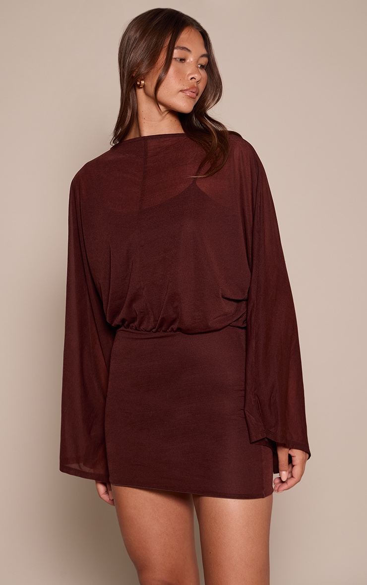 Chocolate Chiffon Overlay Long Sleeve Mini Dress image 1