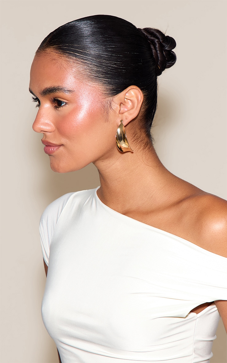 Gold Smooth Scooped Leaf Earrings image 1