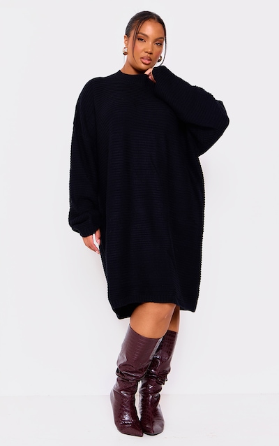 Plus Black Knitted High Neck Rib Sweater Dress