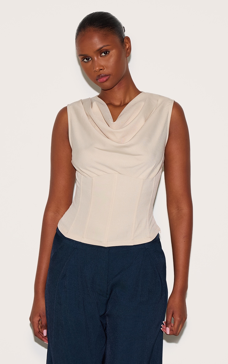 Beige Cowl Neck Woven Corset image 1