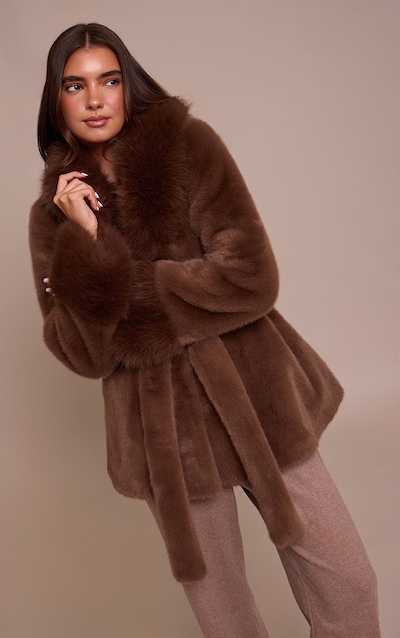 Manteau en fausse fourrure douce chocolat à nouer
