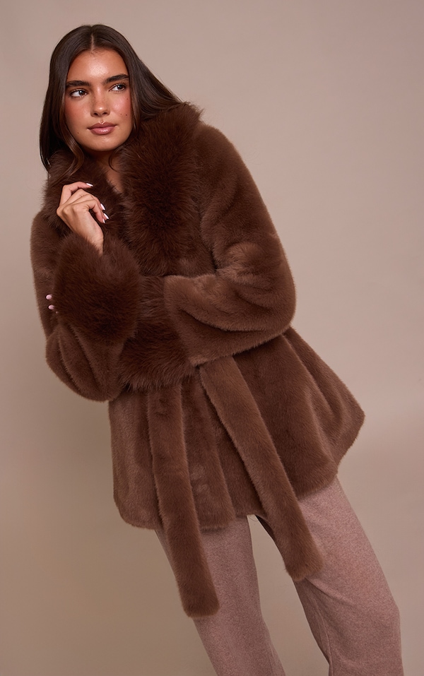 Chocolate Plush Faux Fur Self Tie Coat
