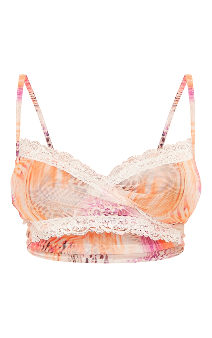 Shape Orange Printed Mesh Lace Edge Strappy Top image 1