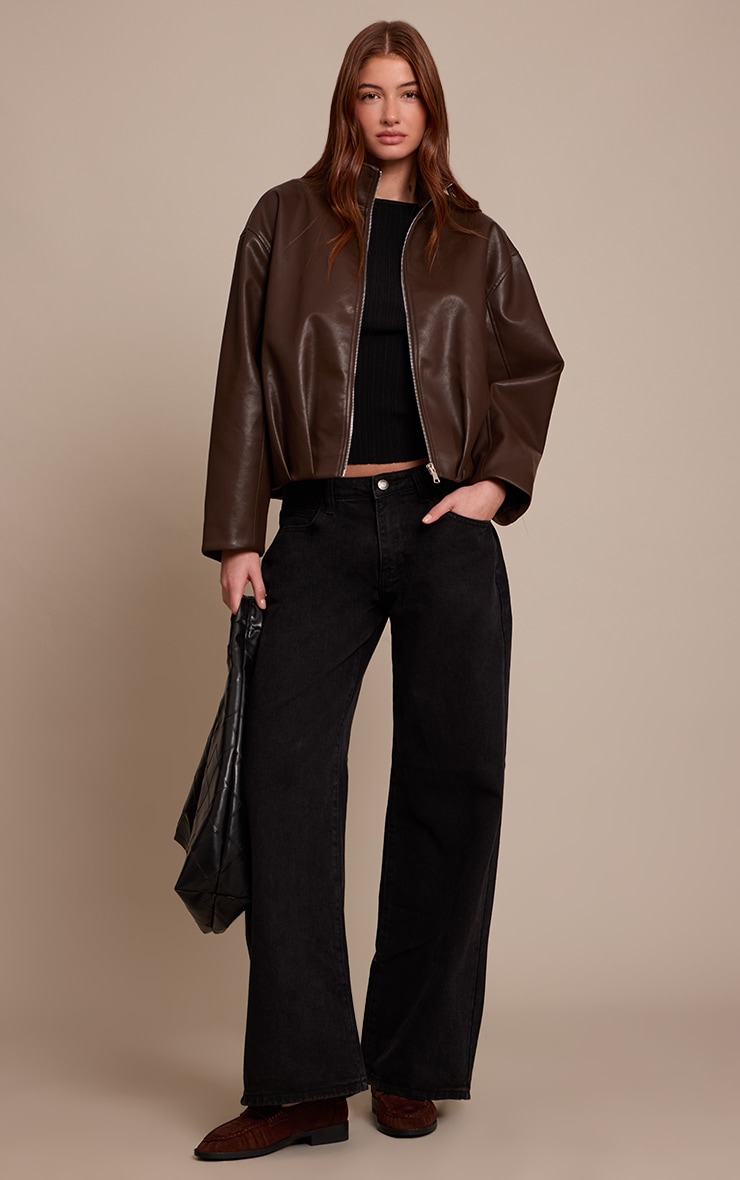 Chocolate Brown Faux Leather Funnel Neck Gathered Back Bomber Jacket  image 3