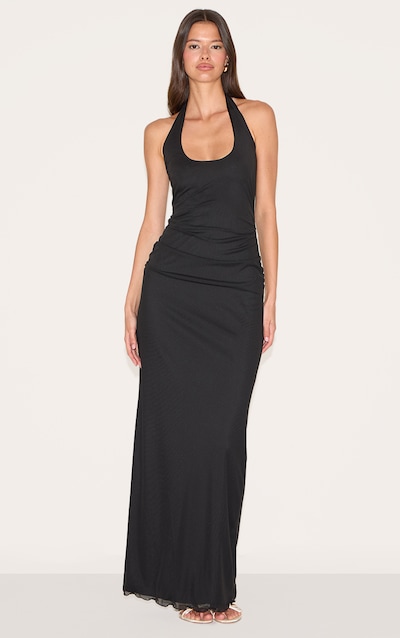 Black Mesh Lined Scoop Halter Neck Maxi Dress