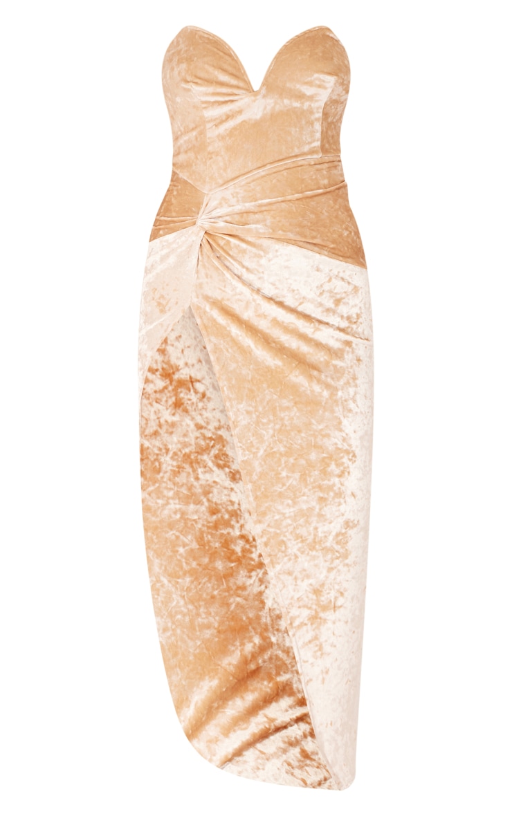 Robe mi-longue en velours frappé champagne torsadée à décolleté en V image 5