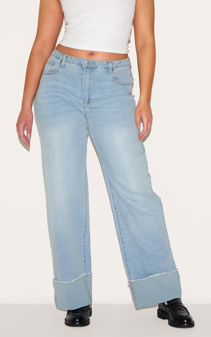 Shape Light Blue Stretch Denim Highwaisted Distressed Turn Up Hem Jeans image 2