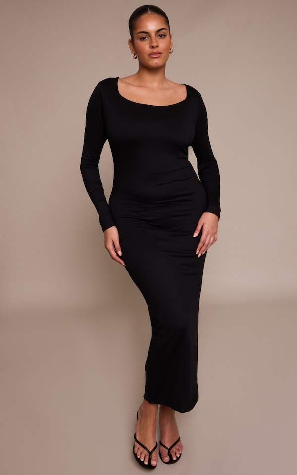 Plus Square Neck Long Sleeve Midi Dress 