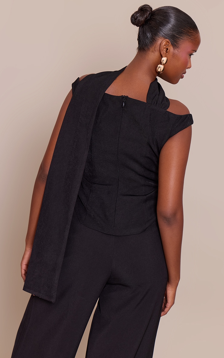 Top bardot tissé noir à détail foulard et ourlet incurvé image 2