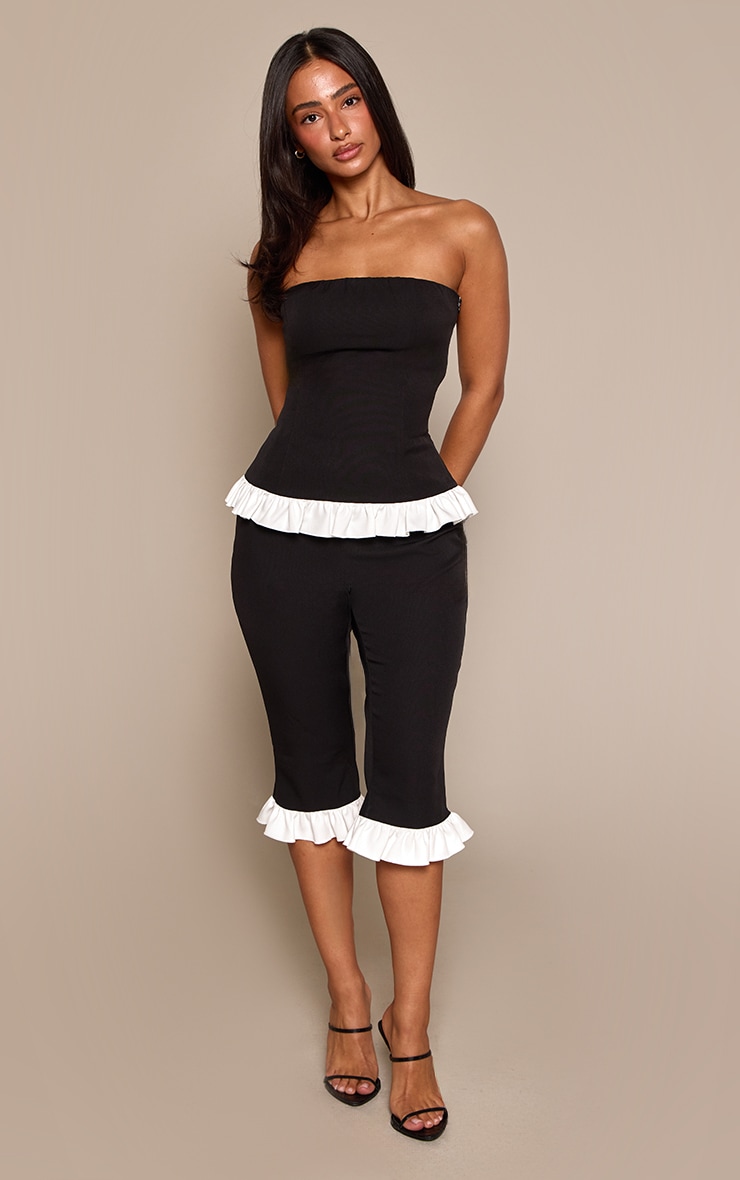 Petite Black Contrast Frill Hem Capri Pants