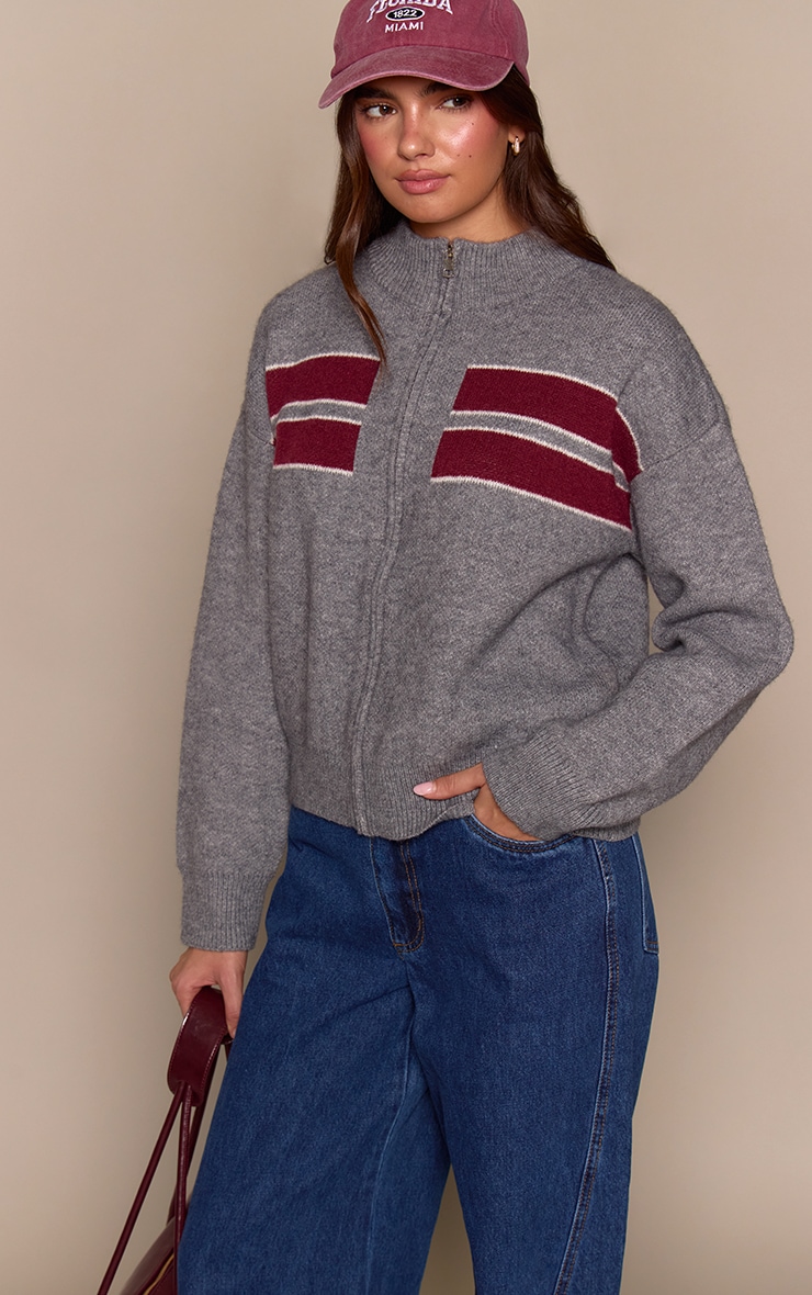 Grey Striped Knitted Sporty Jumper image 1
