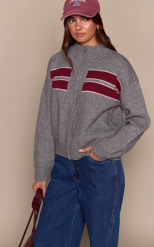 Grey Striped Knitted Sporty Jumper