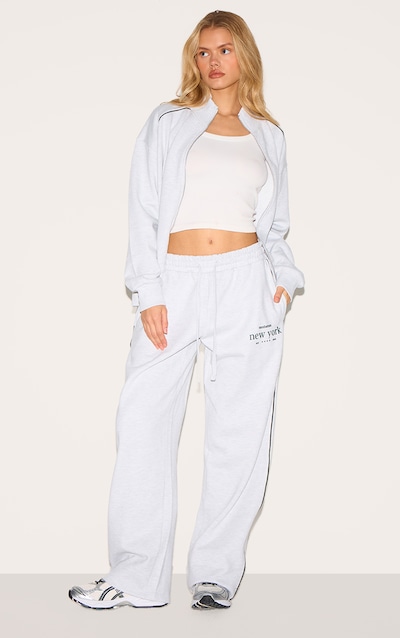 Ash Grey Premium New York Embroidered Wide Leg Track Pants