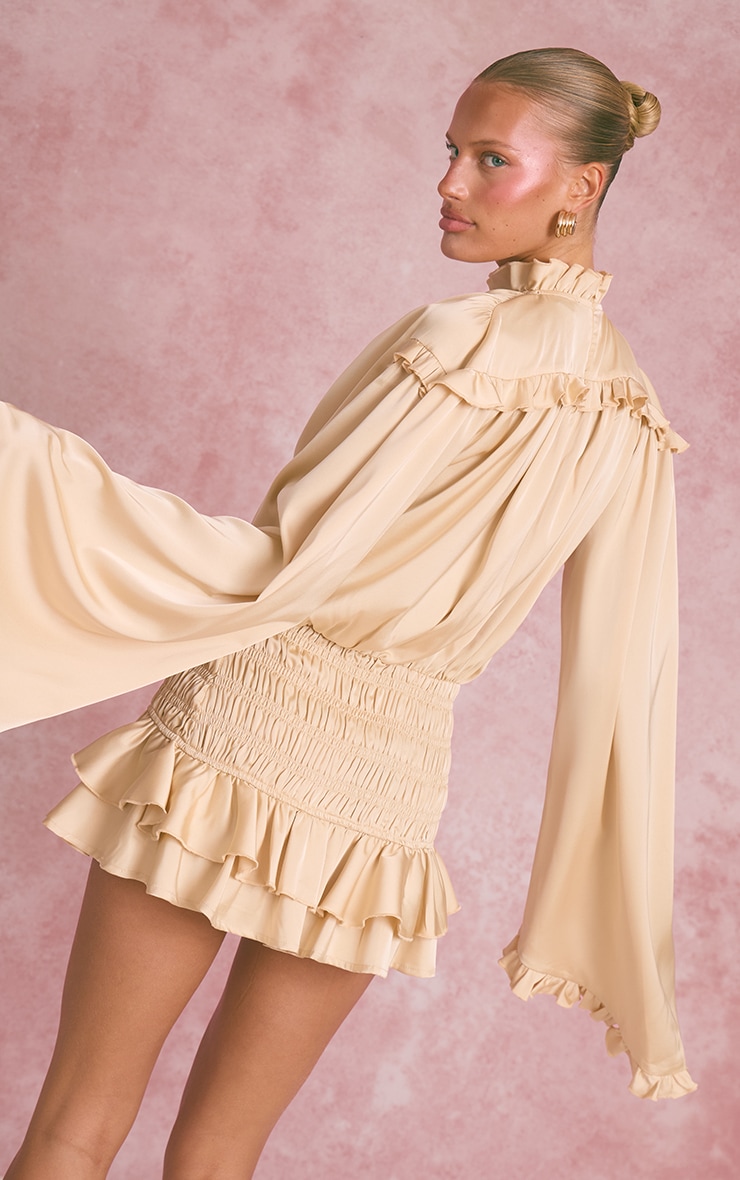 Gold Smocked High Neck Frill Long Sleeve Mini Dress image 2