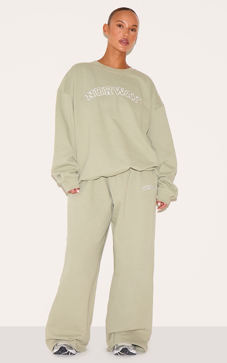 Plus Khaki Premium Embroidered Norway Wide Leg Track Pants image 1