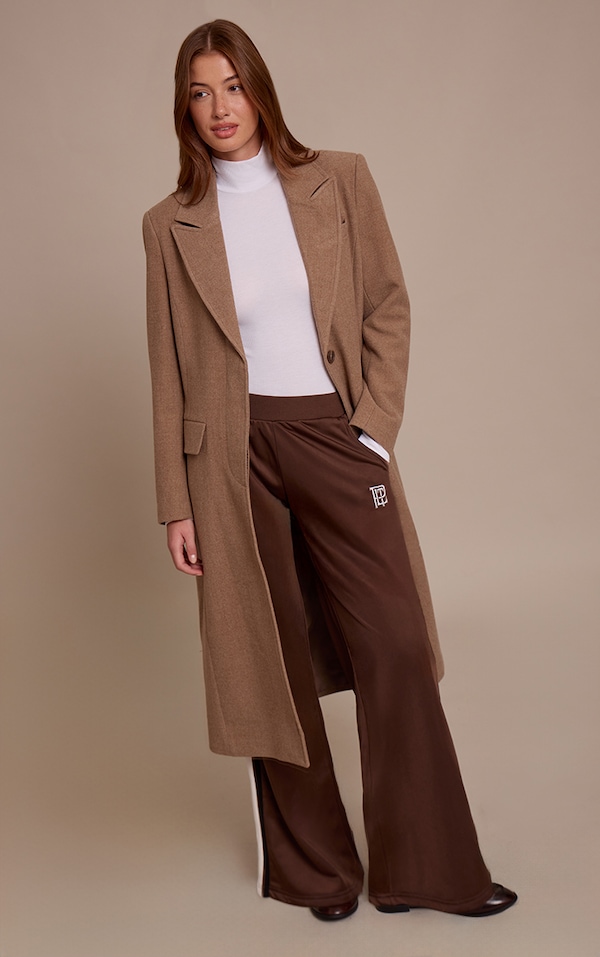 Taupe Single Breasted Seam Detail Wool Look Maxi Coat