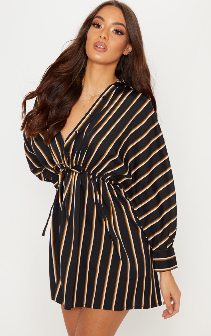 Black Stripe Drawstring Waist Shirt Dress image 4