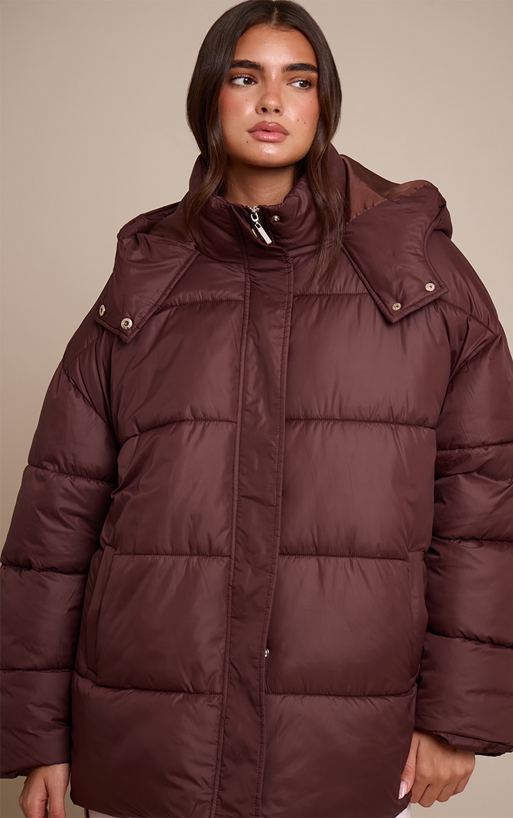 Chocolate Brown Oversized Hooded Puffer Jacket image 1