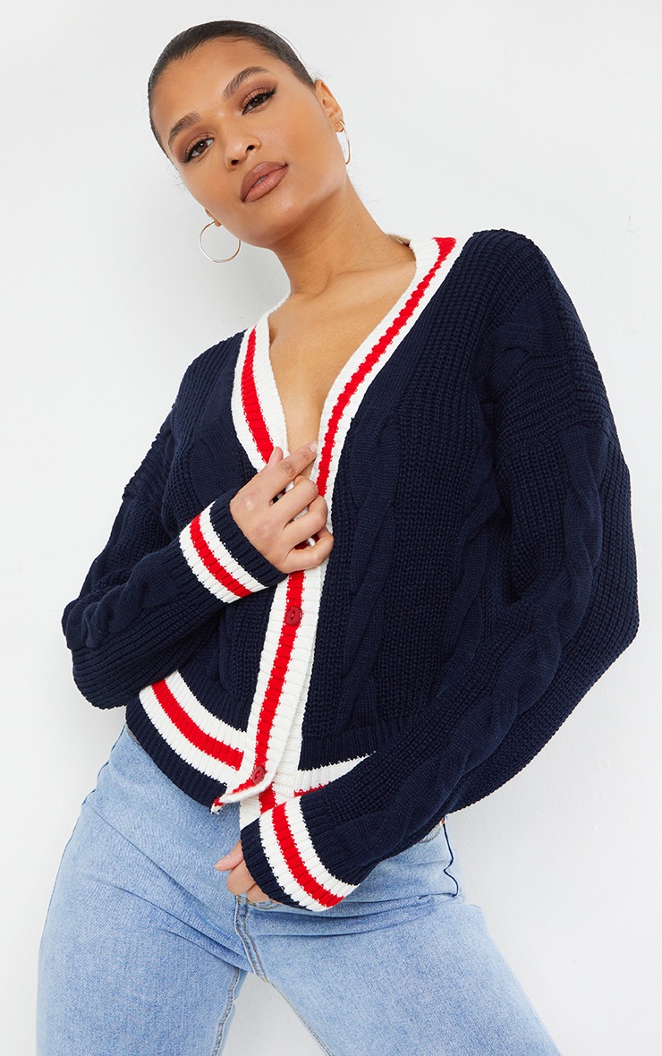 Navy Cable Knit Stripe Tipping Cardigan