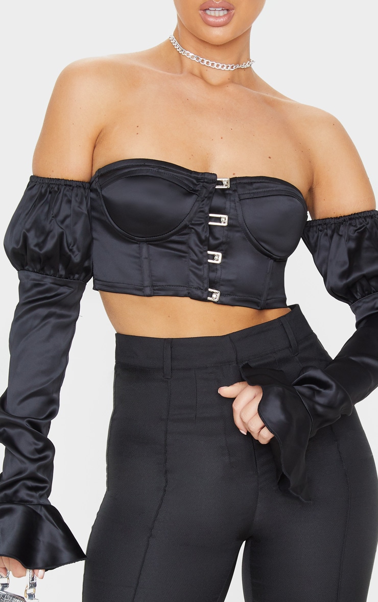 Black Satin Bardot Frill Sleeve Crop Top image 5