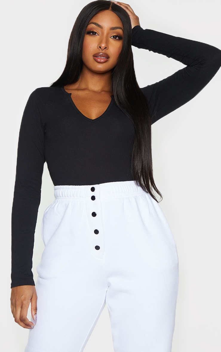 PLT Essentiel - Body manches longues noir à décolleté plongeant