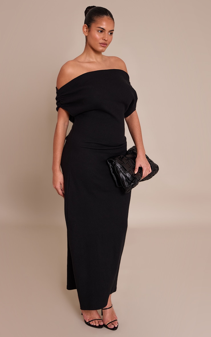 Plus Black Brushed Rib Asymmetric Ruched Detail Maxi Dress image 3