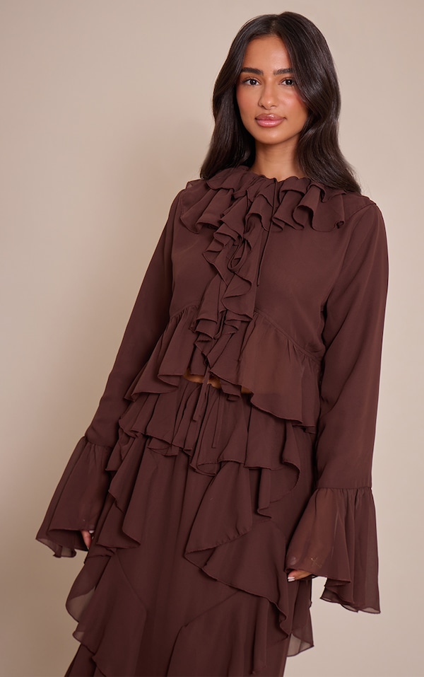 Petite Chocolate Ruffle Detail Long Sleeve Tie Top