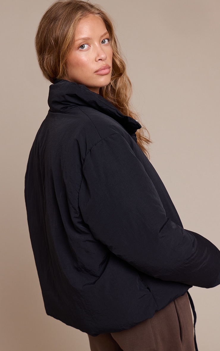 Black High Neck Tie Waist Quilted Jacket image 2