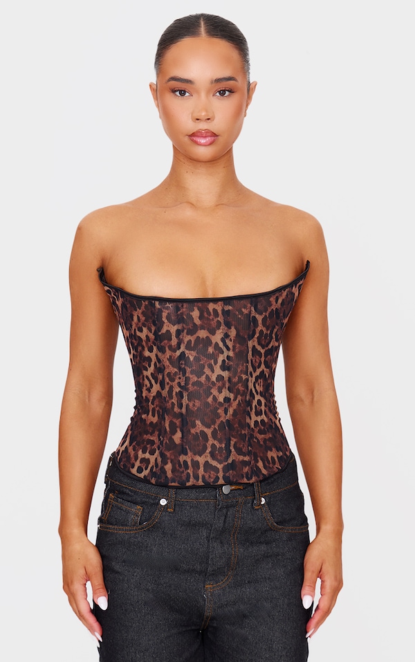 Corset bustier en mesh imprimé léopard à lacets