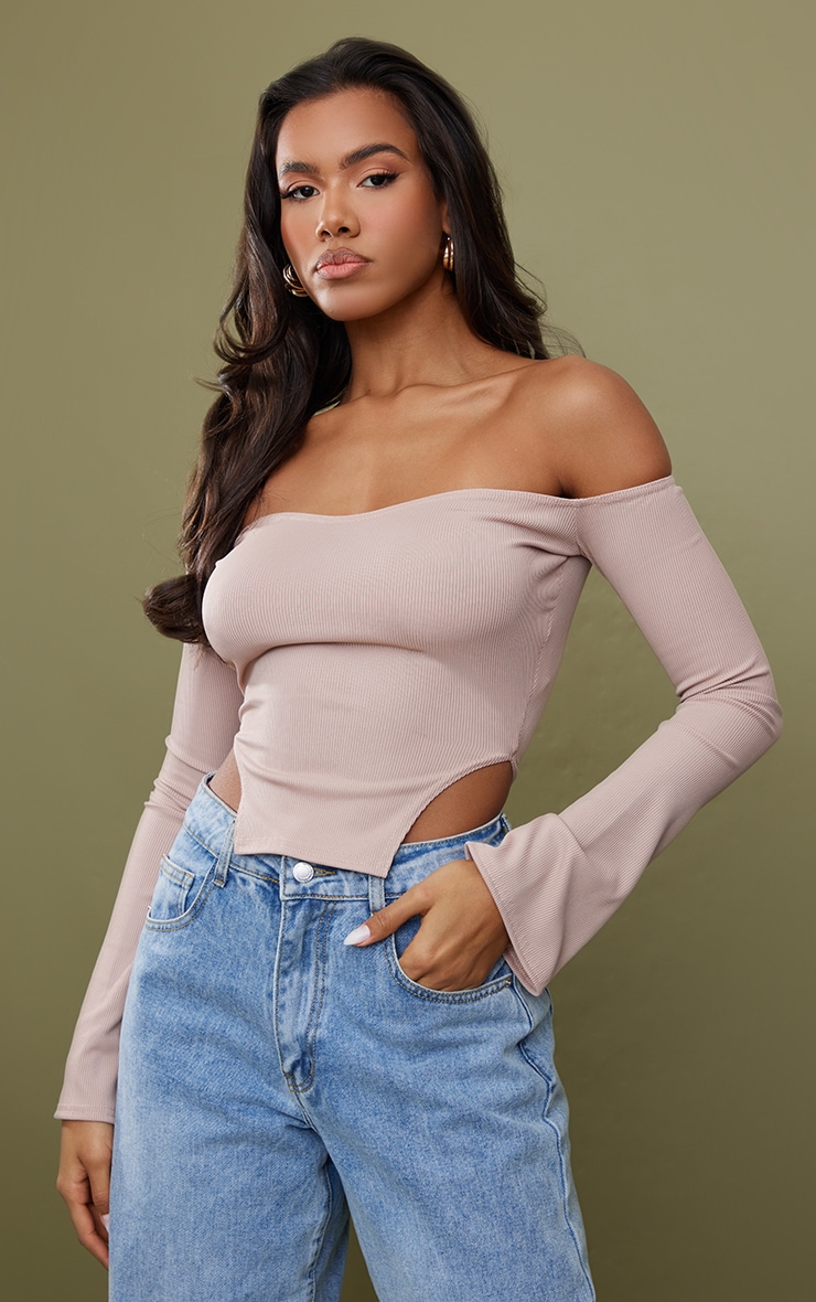 Mocha Rib Bardot Dip Hem Crop Top