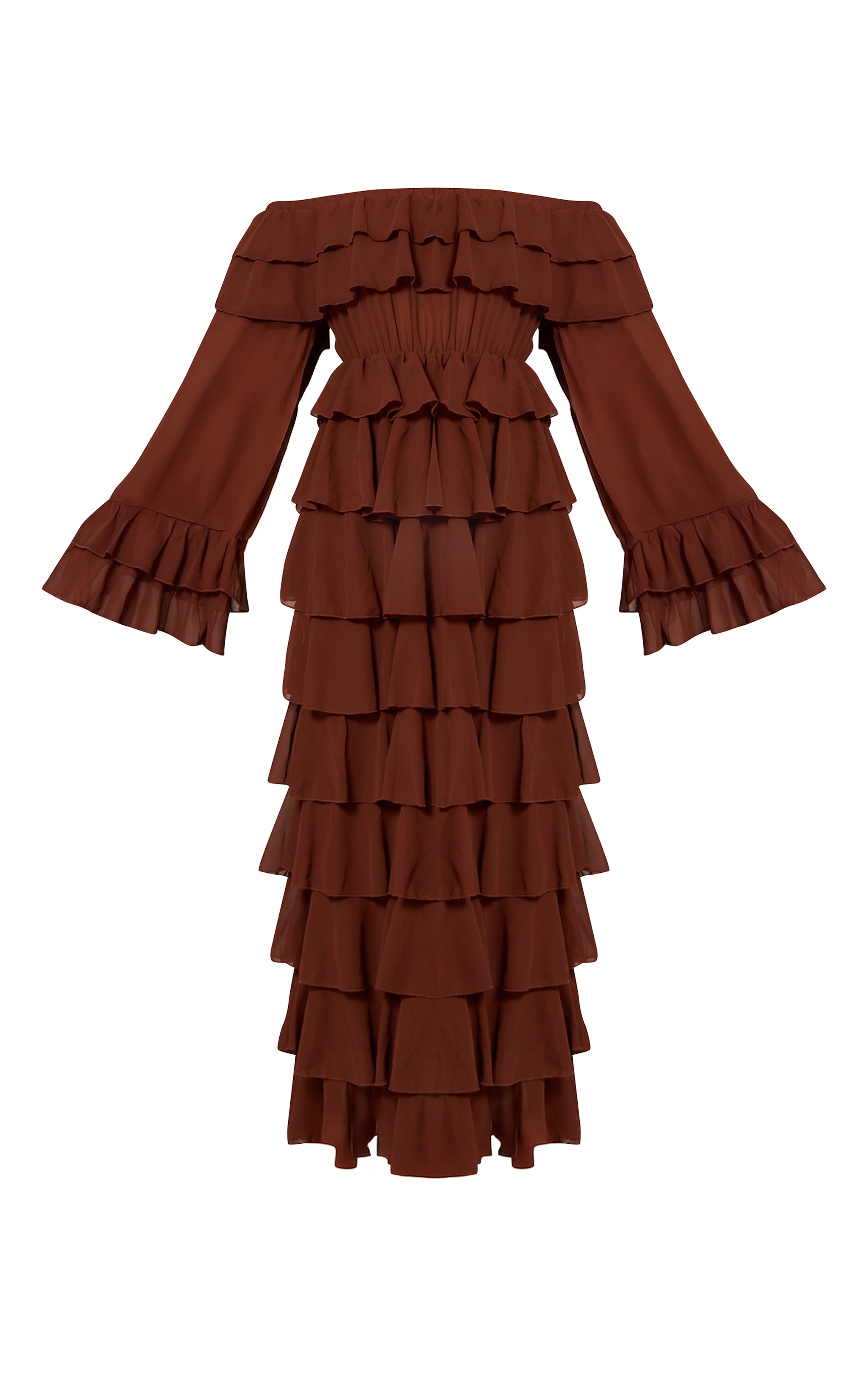 Chocolate Chiffon Bardot Extreme Frill Maxi Dress image 5