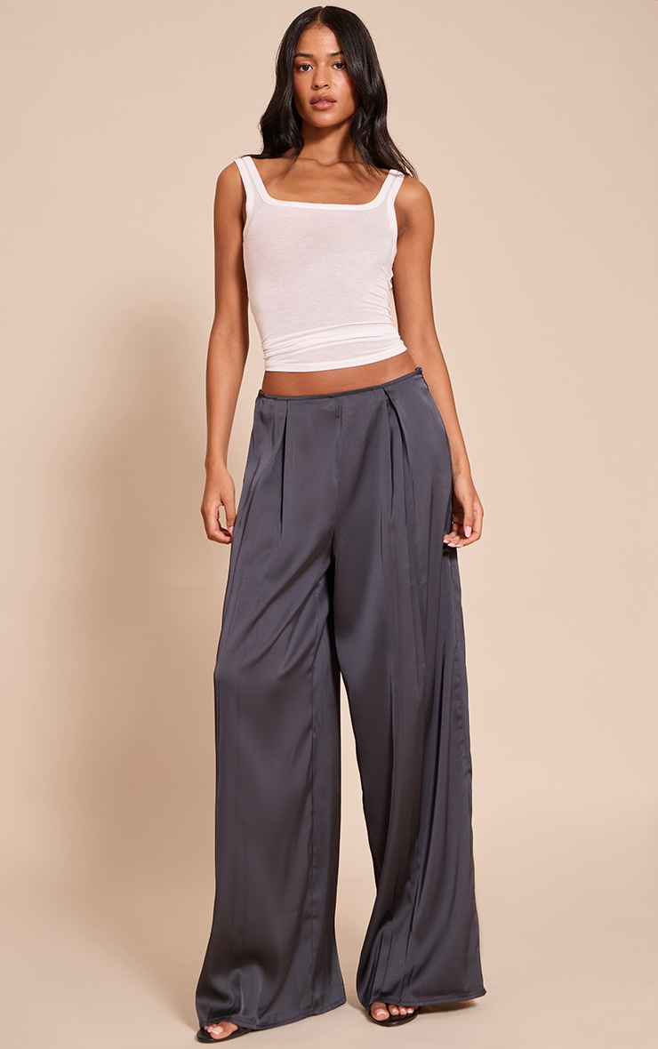 Tall Navy Pleated Satin Wide Leg Pants image 1