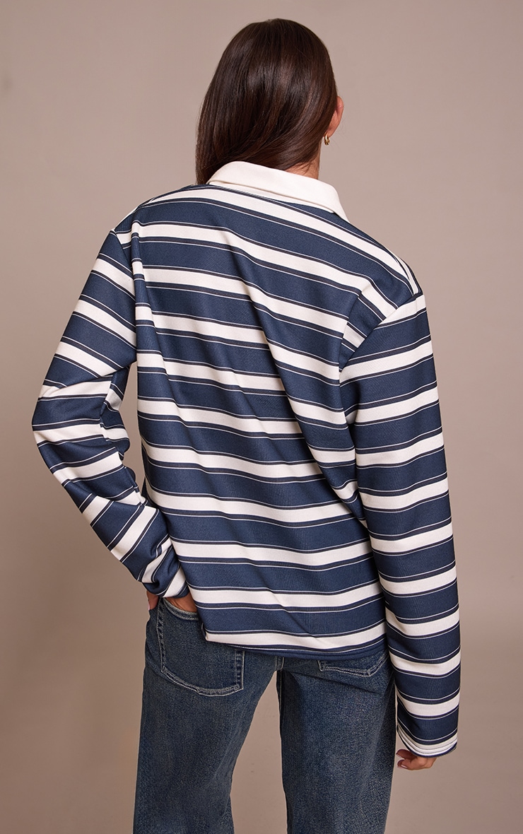 Navy Stripe Cotton Polo Rugby Top  image 2