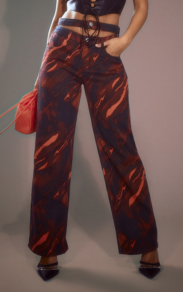  Dark Red Printed Wide Leg Jeans image 1