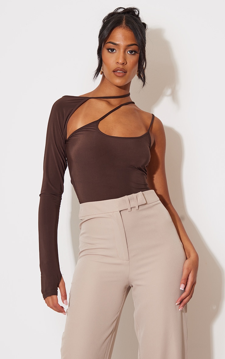 Tall Chocolate Slinky Cut Out One Sleeve Crop Top