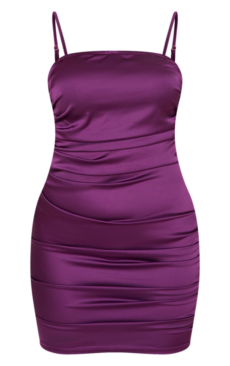Purple Matte Satin Strappy Ruched Bodycon Dress PrettyLittleThing