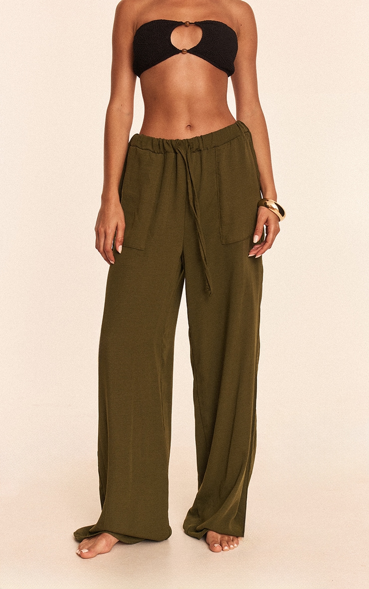 Khaki Linen Look Drawstring Beach Pants image 2