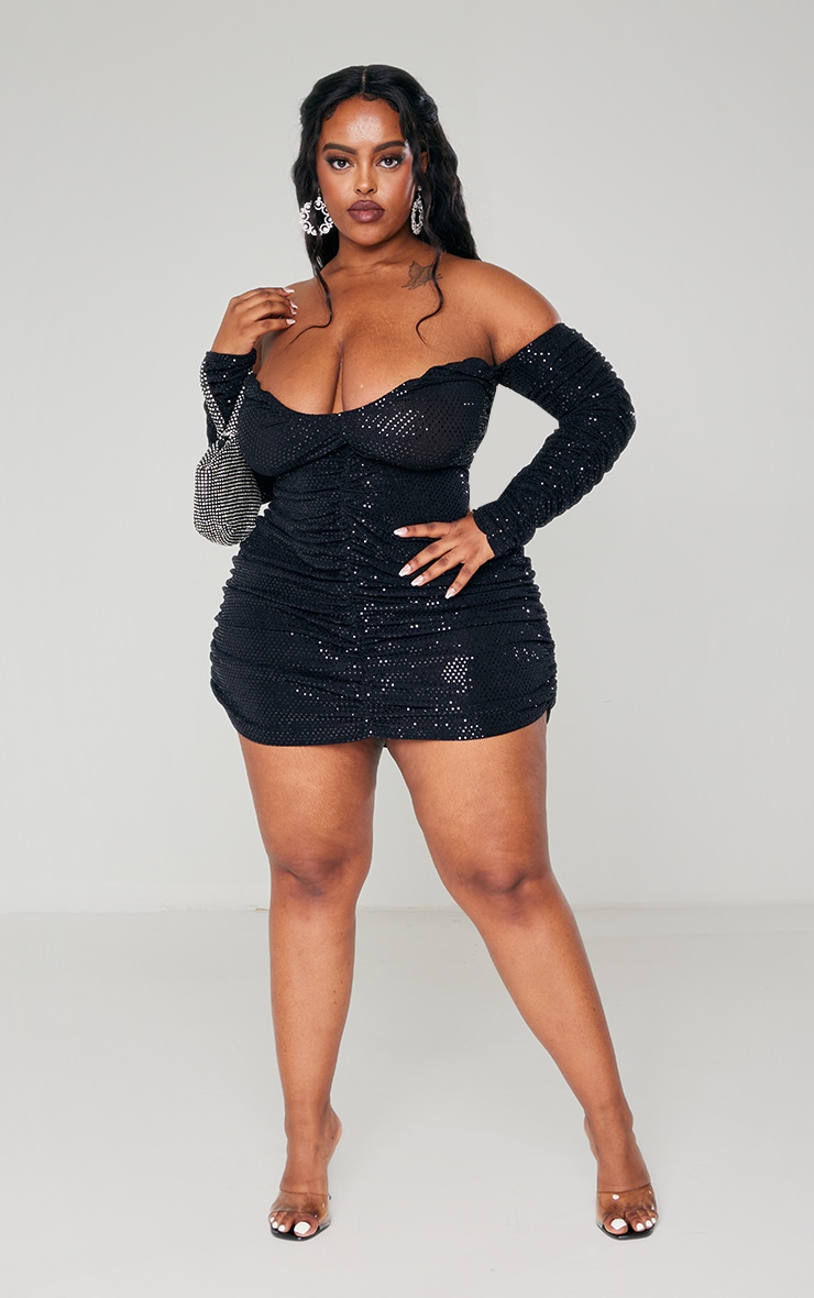 Plus Black Sequin Bardot Ruched Long Sleeve Bodycon Dress image 1