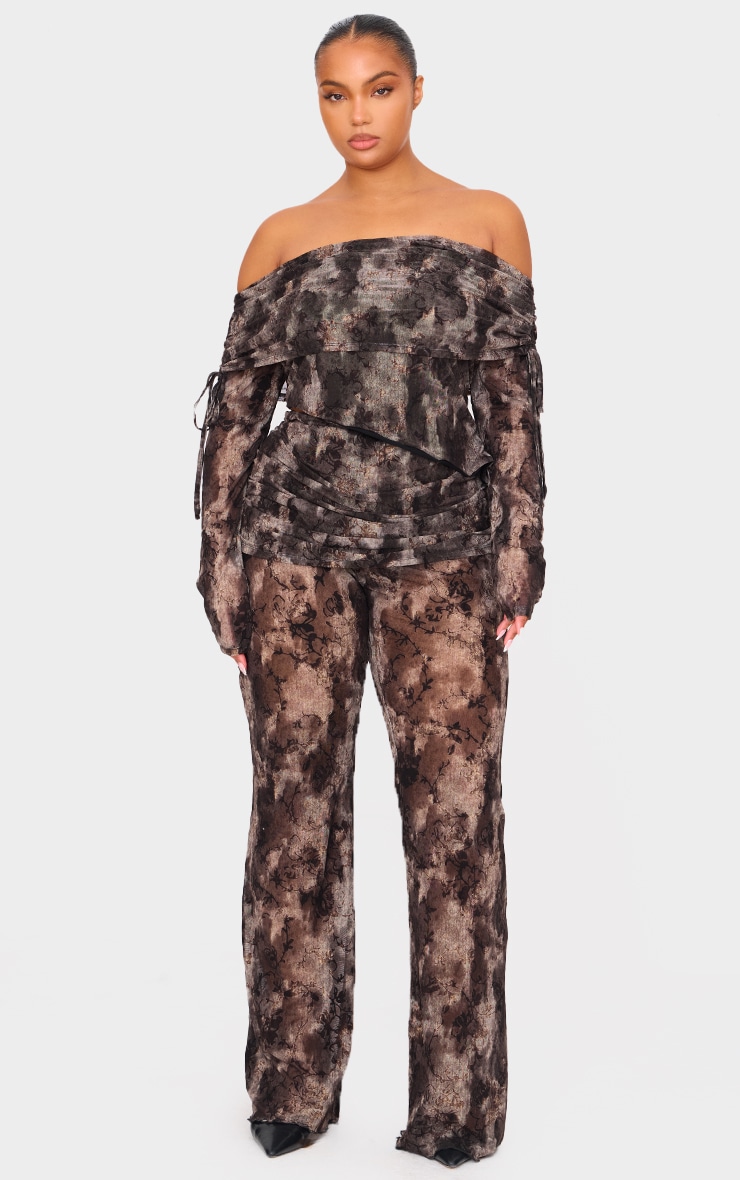 Plus Charcoal Devore Mesh Foldover Long Sleeve Top image 3