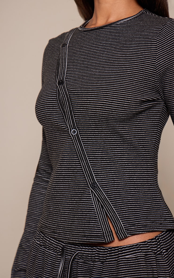 Petite Black Stripe Ribbed Asymmetric Button Long Sleeve Top image 4