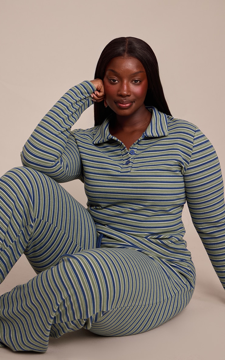 Plus Pinstripe Green Collar Detail Long Sleeve Top image 3